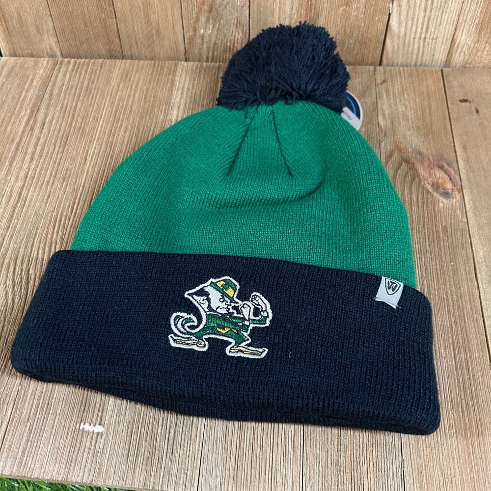 Top of the World Notre Dame Beanie Mens One Size Green Navy Pom Knit Hat